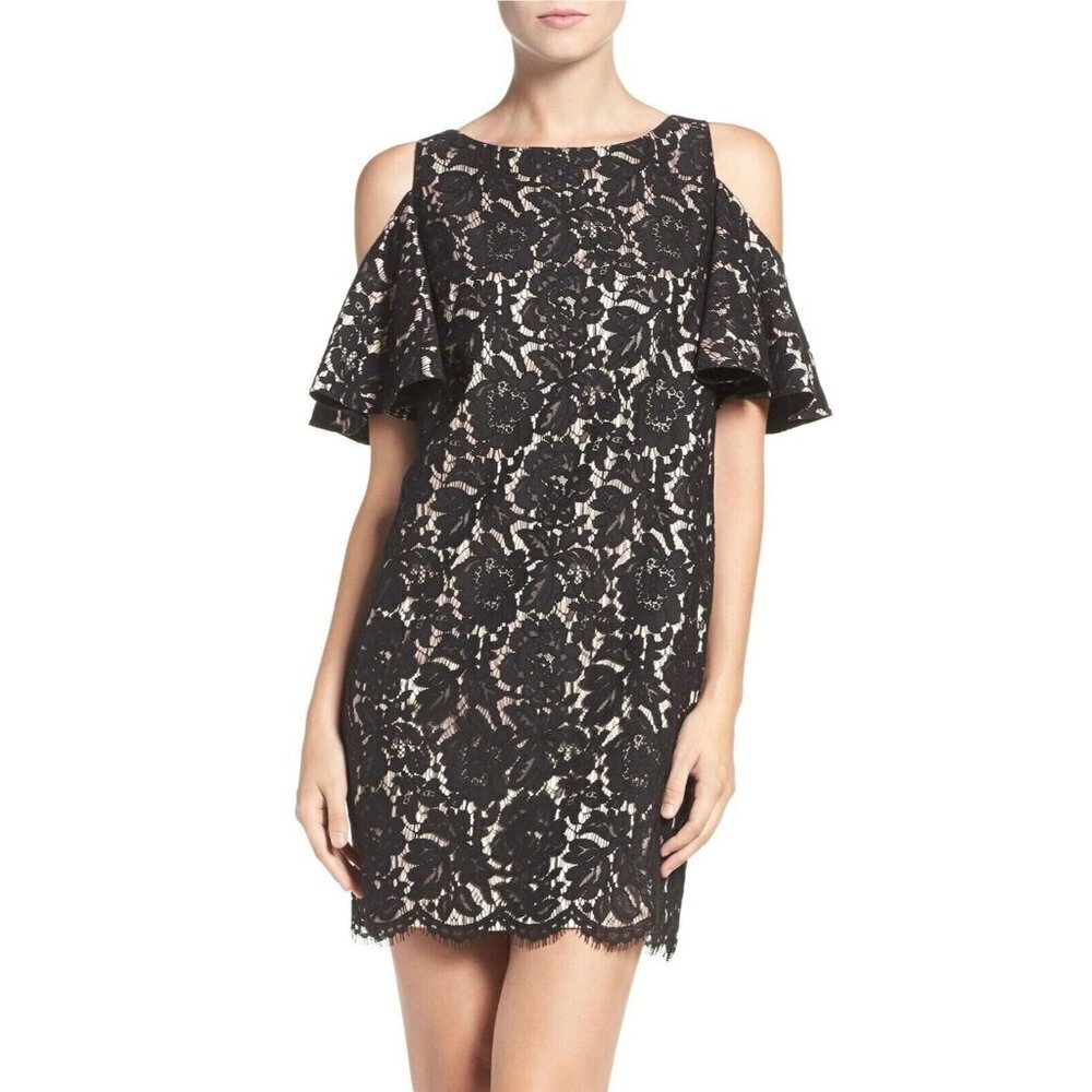 Chelsea28 Womens Size 2 Cold Shoulder Black Floral Lace Shift‎ Dress Black